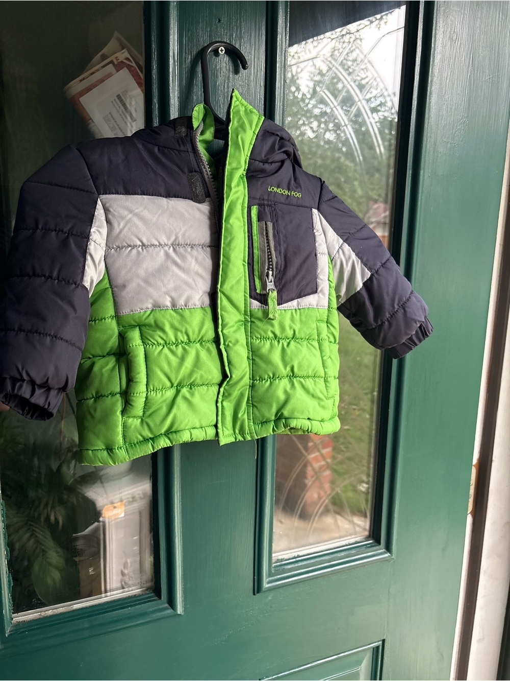 London Fog Kids Colorblock Puffer Jacket in Lime Green, Navy & Light Gray